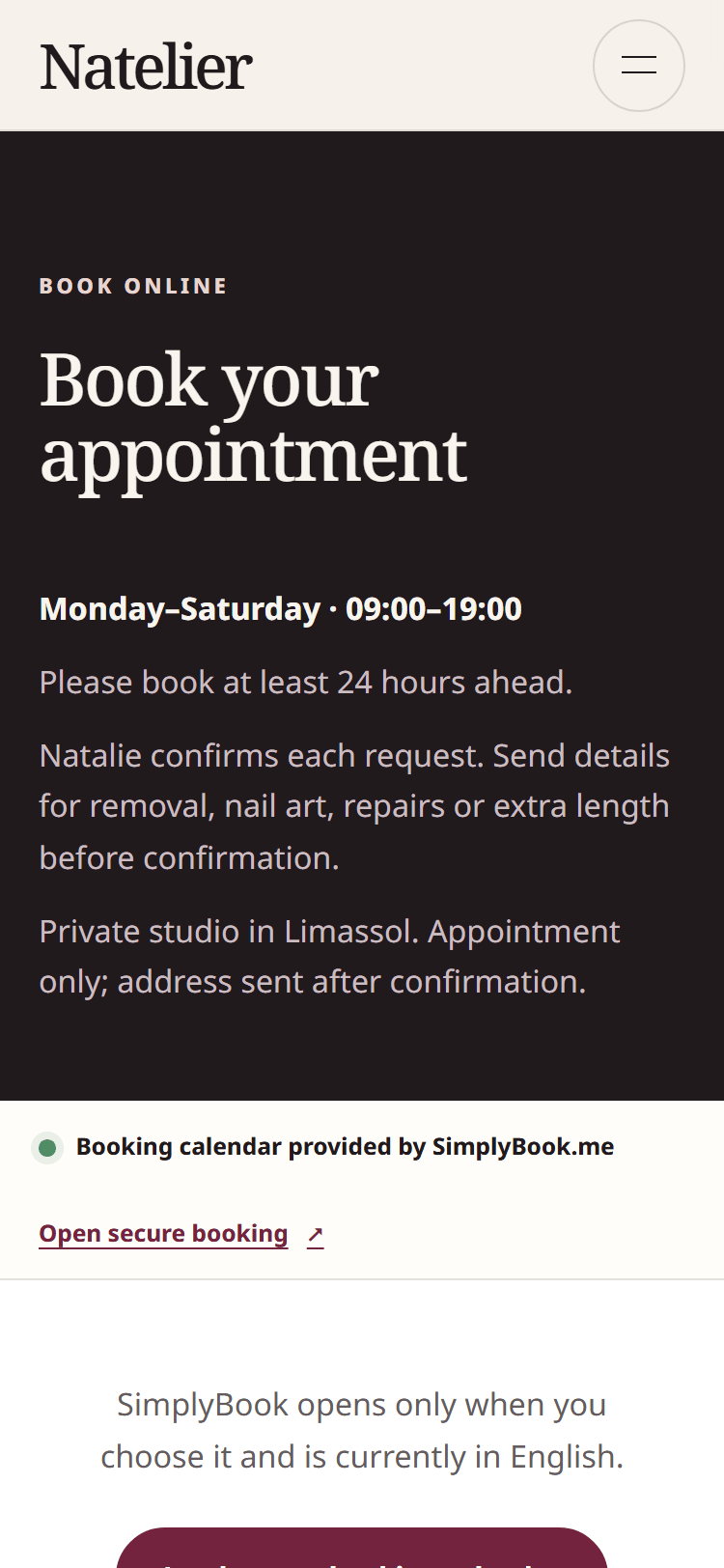 Current Natelier mobile booking section explaining request confirmation, private address timing and the SimplyBook handoff.