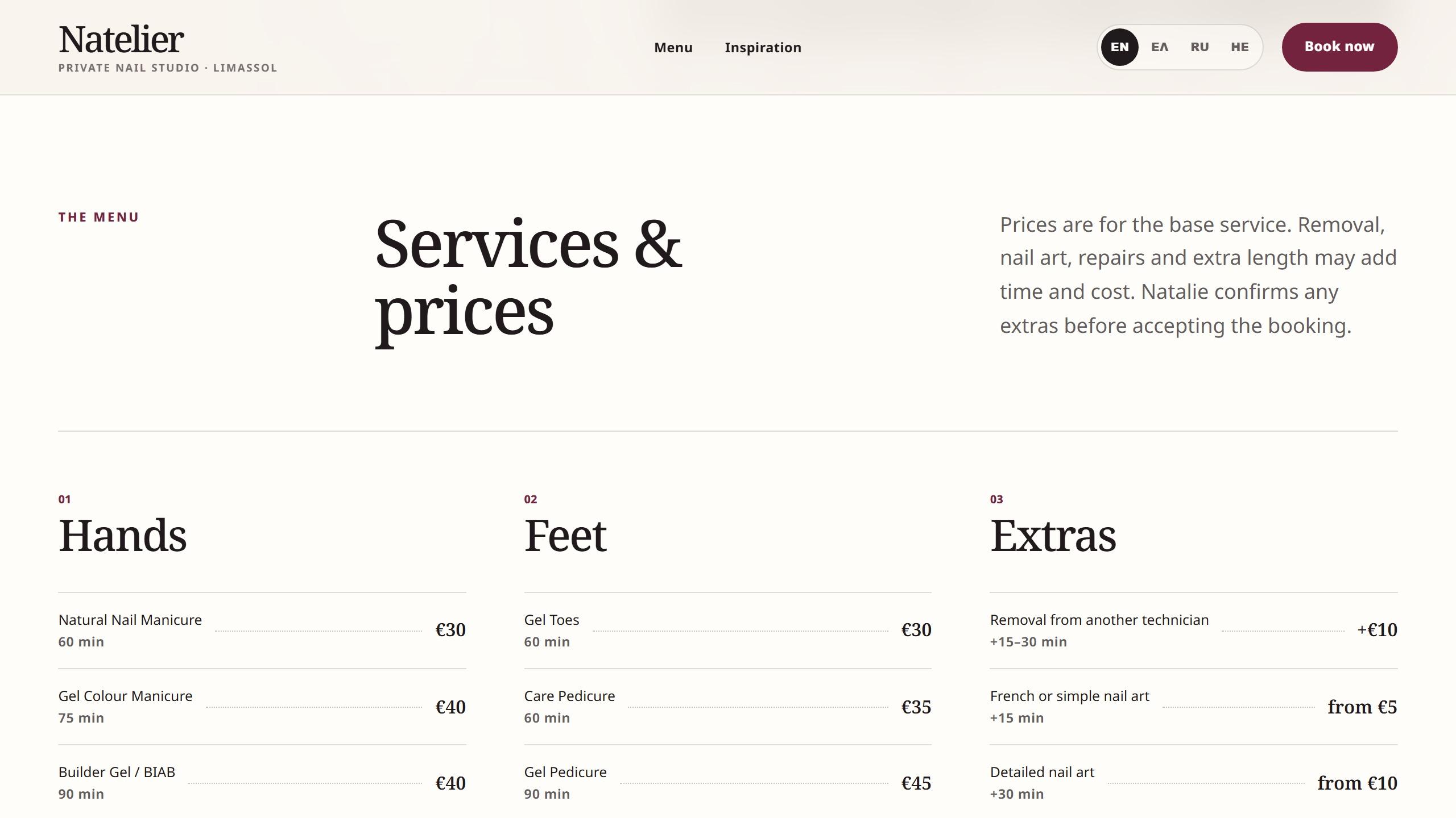 Current Natelier English services and prices page with hands, feet and extras arranged in three clear columns.