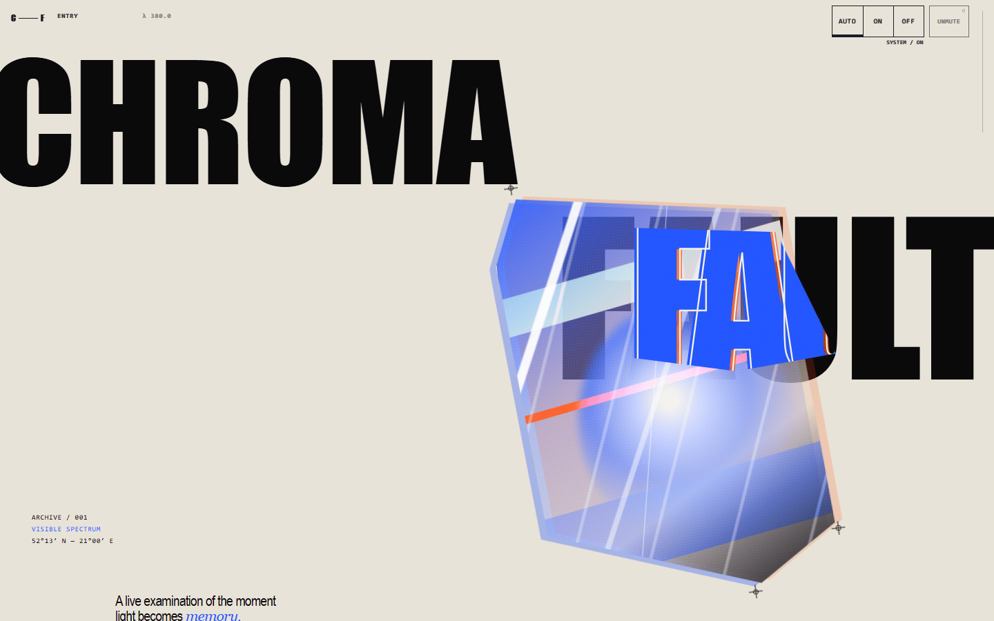 Heliofault opening composition with oversized Chroma Fault typography, orbital light and cobalt and vermilion accents.