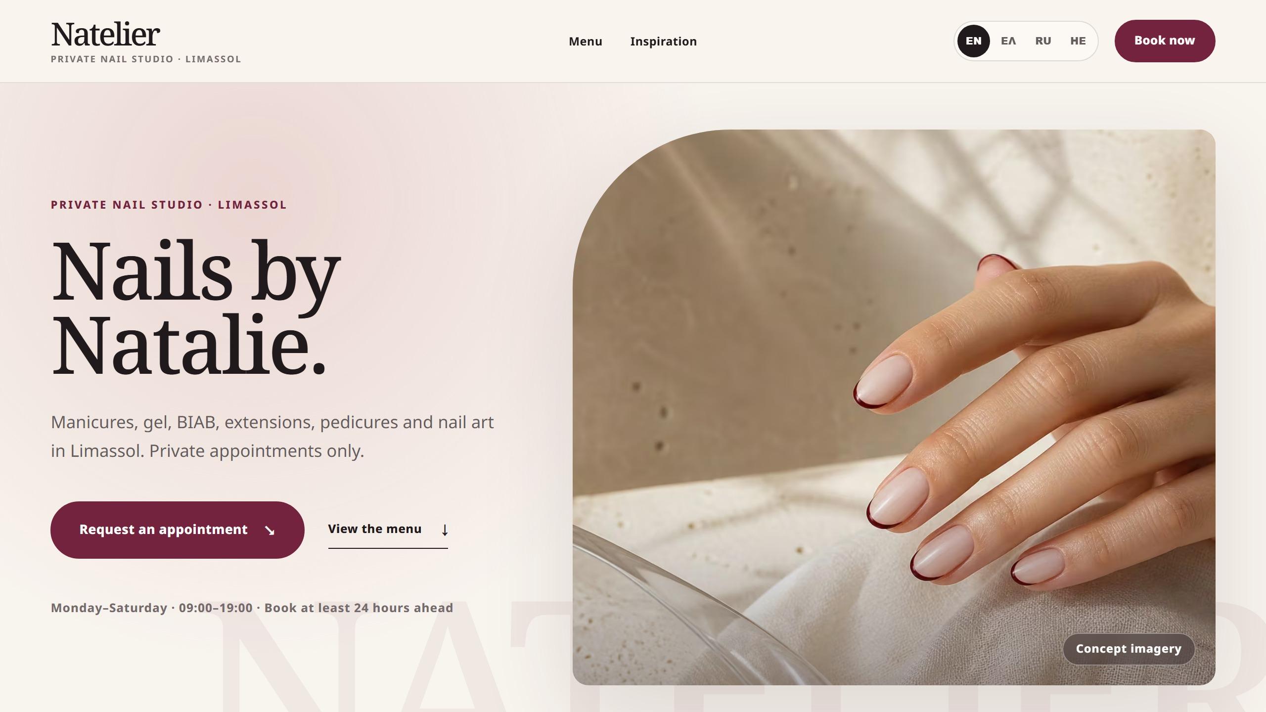 Current Natelier English landing page with the Nails by Natalie headline, appointment actions and a manicure concept image.