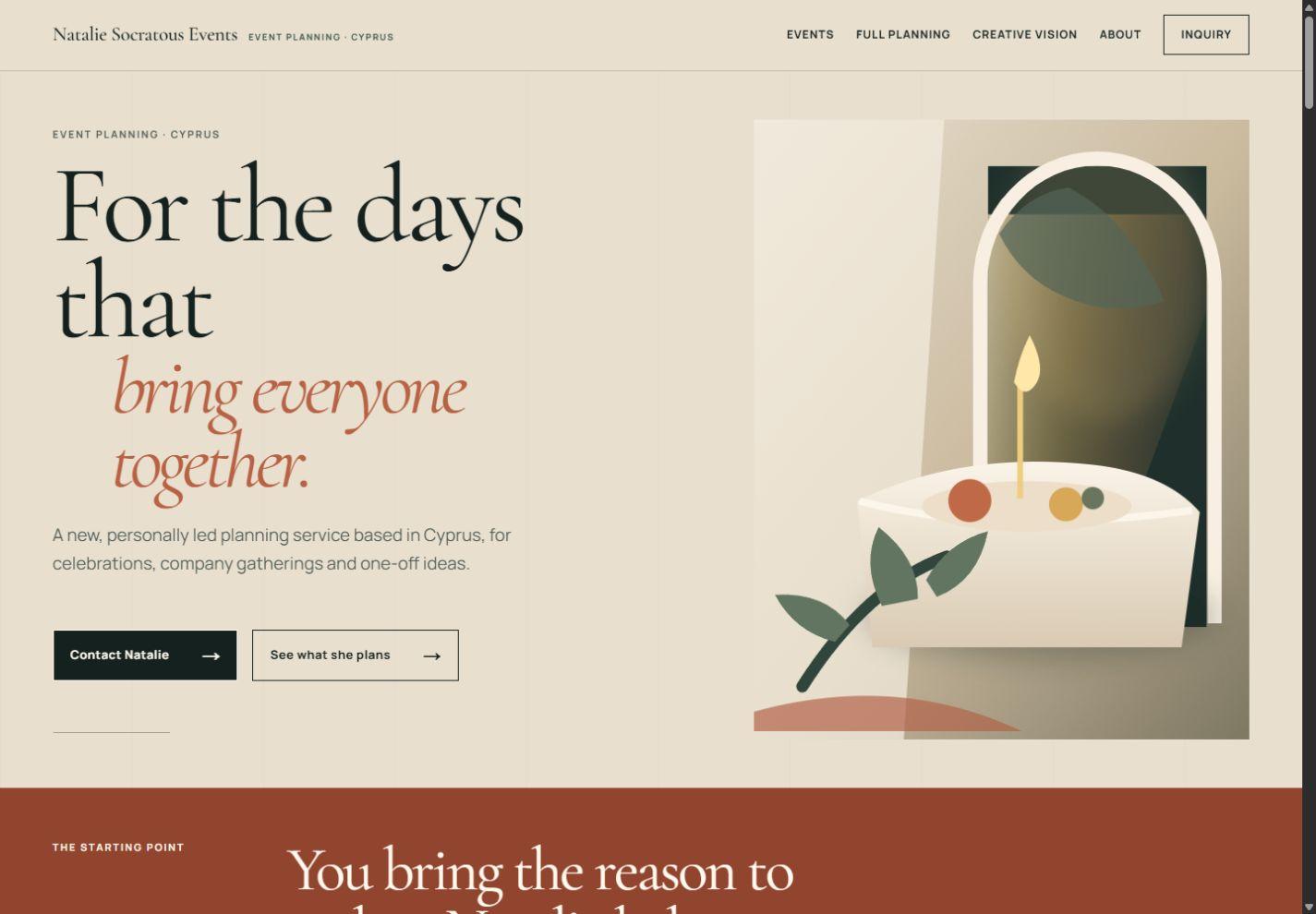 Natsoc Events concept-stage homepage with an editorial headline and original abstract gathering artwork.