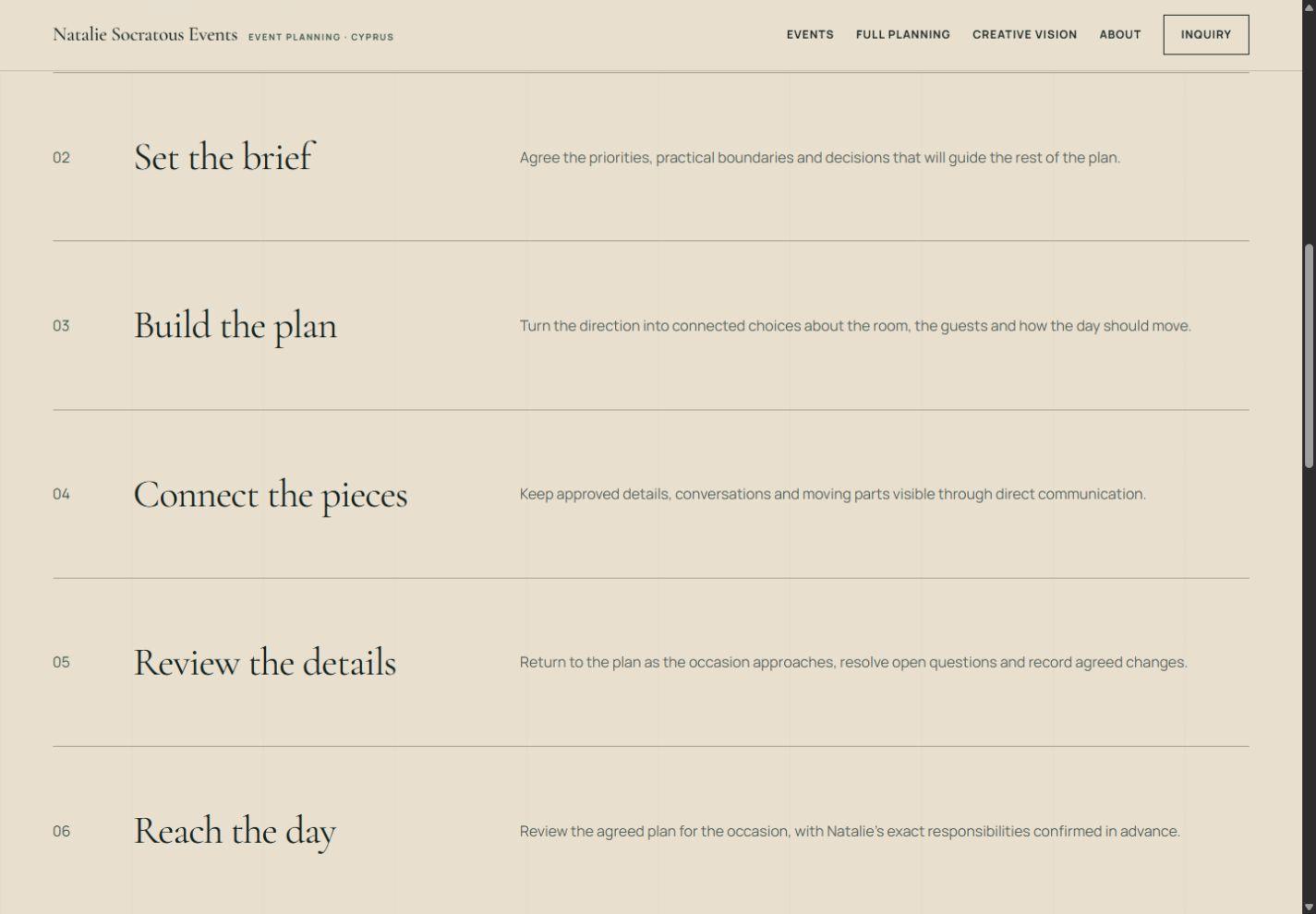 Reduced-motion Natsoc Events process view showing planning stages two through six in a clear vertical sequence.