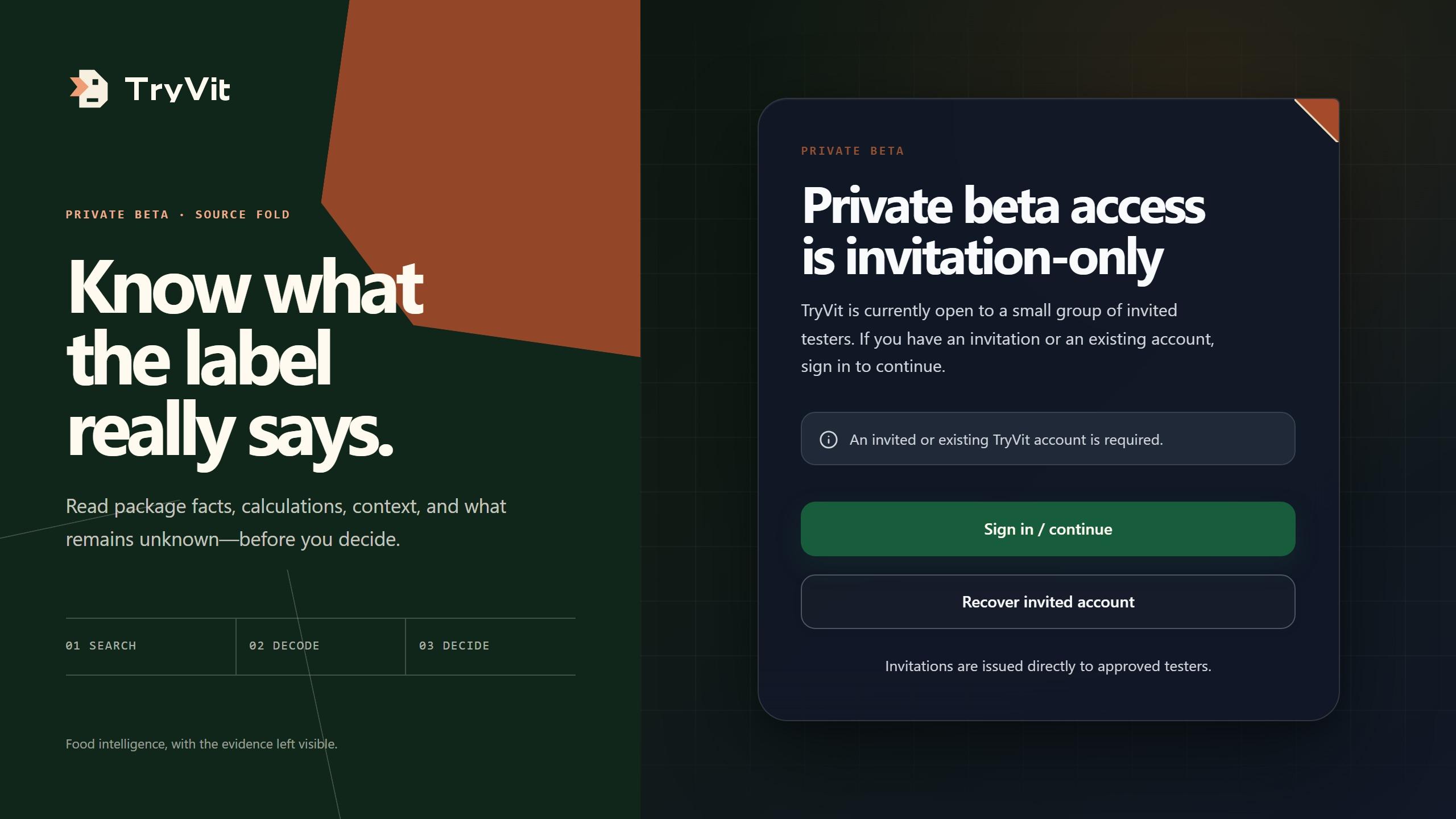 Current TryVit private-beta access page explaining that the controlled beta is invitation-only.