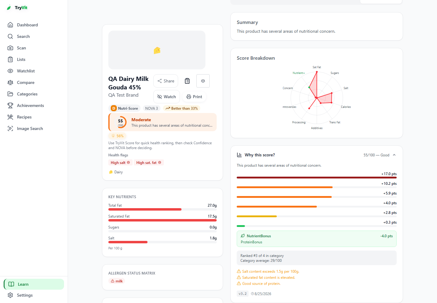 TryVit authenticated product-detail interface for a deterministic QA food fixture, showing score, confidence, health flags and factor breakdown.