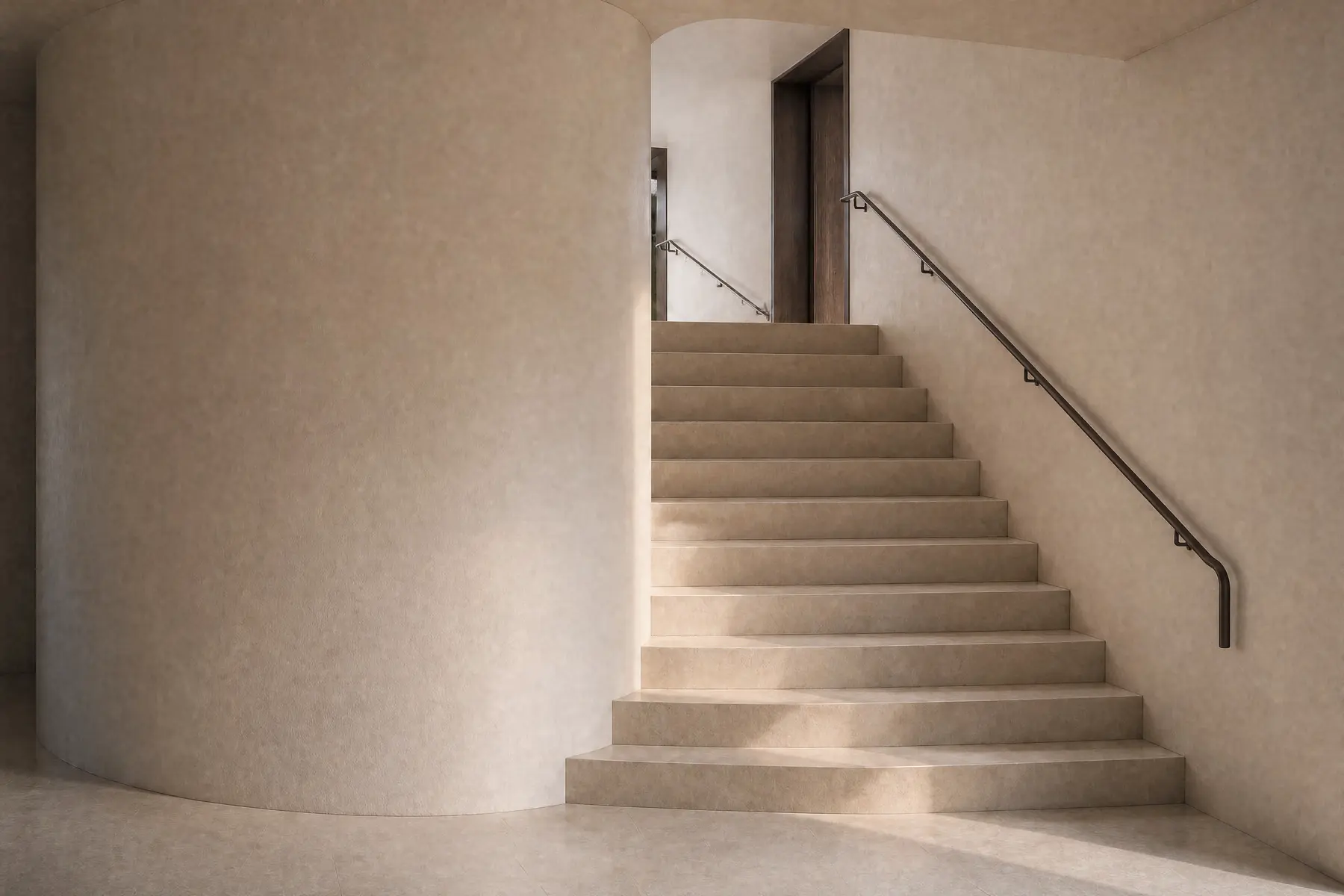 Warm morning light crosses a limestone stair beside a curved plaster core, with dark metal handrails rising toward a timber-lined opening.